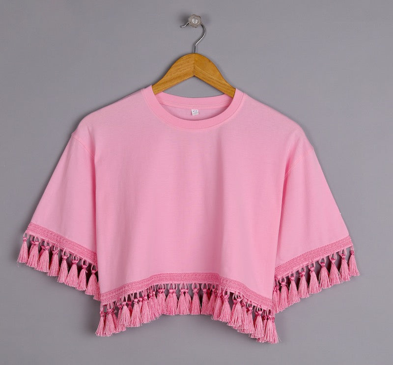 Cotton Candy Pink Top with Pink Tassel Trim