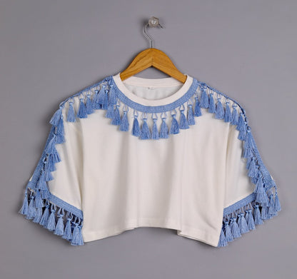 Women's Oversized Tops: Off-white with Blue Tassel Trim