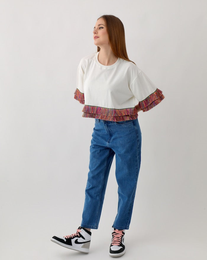 Oversized Ladies Top: Off-White Top with Colorful Fringe Trim