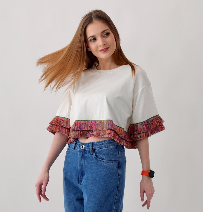 Oversized Ladies Top: Off-White Top with Colorful Fringe Trim