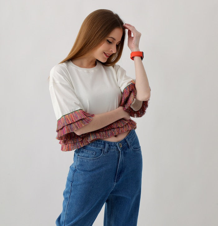 2 Women's Oversized Tops: Yellow Lace & Off-White Fringes, 100% Cotton