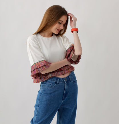 2 Women's Oversized Tops: Yellow Lace & Off-White Fringes, 100% Cotton