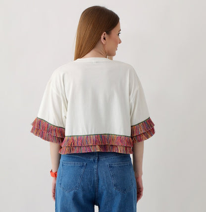 Oversized Ladies Top: Off-White Top with Colorful Fringe Trim