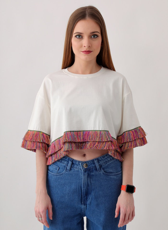 Oversized Ladies Top: Off-White Top with Colorful Fringe Trim