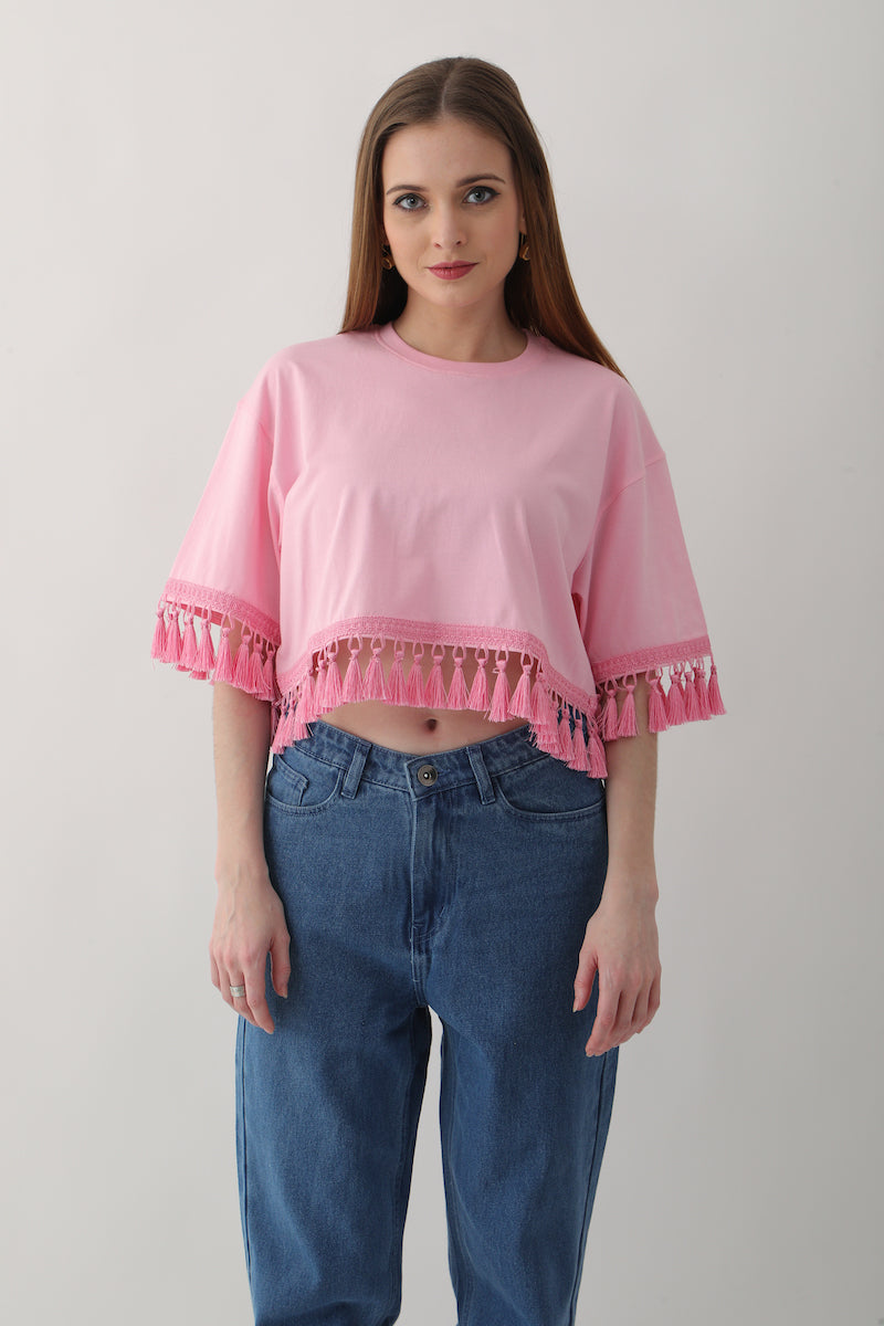 Cotton Candy Pink Top with Pink Tassel Trim