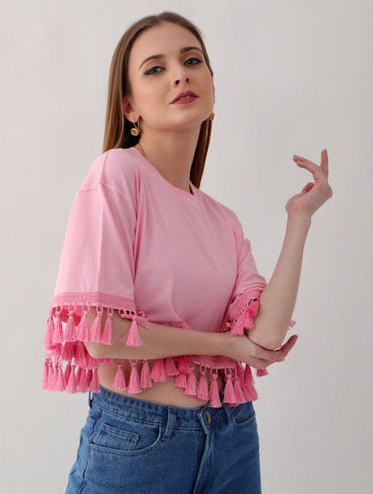 Oversized Ladies Tops in Black & Cotton Candy Pink with Multicolored Tassel Trim