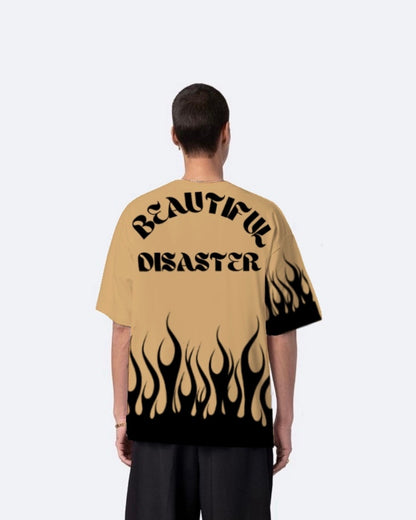 Beautiful Disaster Beige Urban Oversized T-Shirt for Men