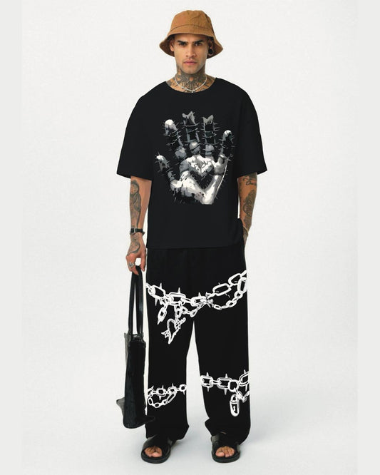 hand urban tee with chain desgin pant cordset (black and black)(*)