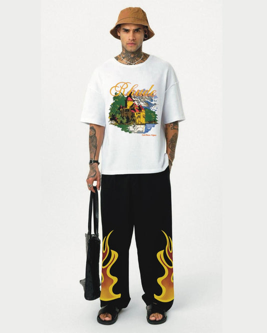 Rhude tee with fire aura pant cordset (white and black)(*)