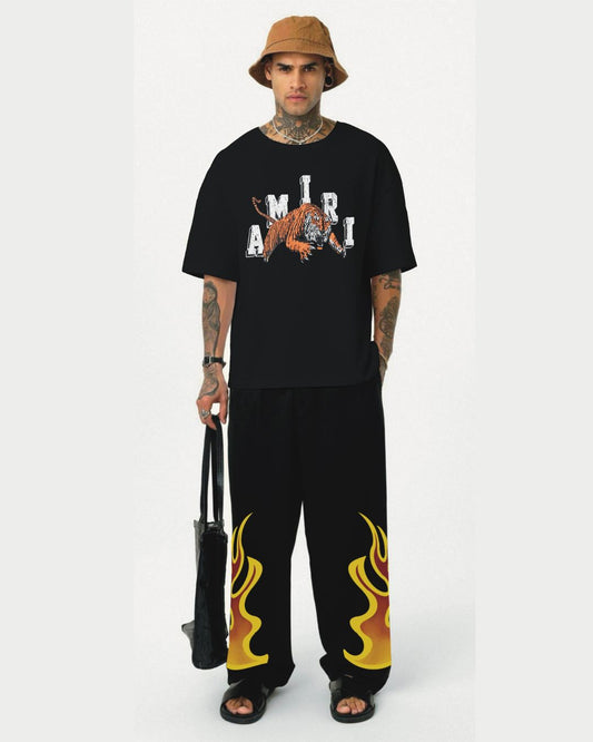 Amiri tiger tee with fire aura pant cordset ( black and black)*