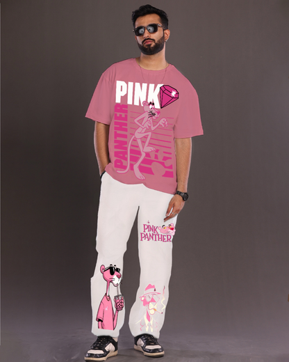 Men's Pink Panther Oversized Co-Ord Set - Pink and White