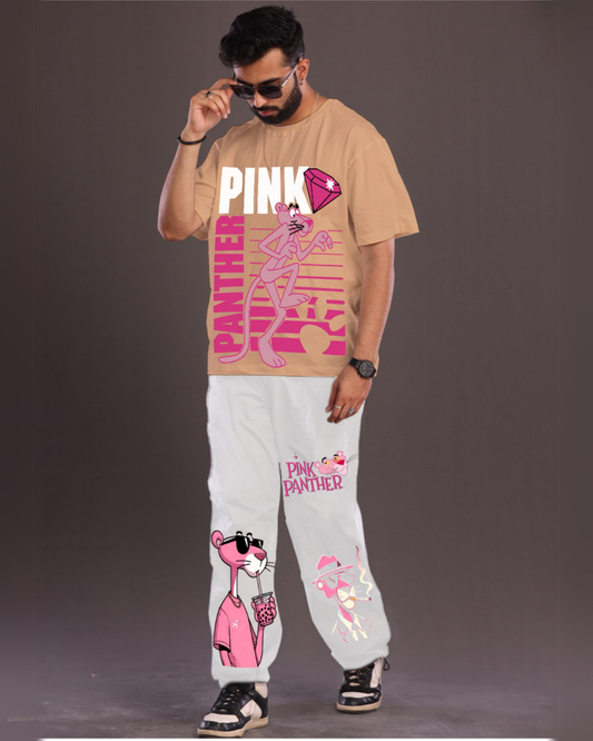 Men's Pink Panther Oversized Co-Ord Set - Beige and White