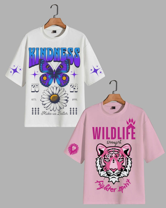 Pack of 2 Women's Oversized Tees - Kindness & Wild Life