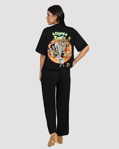 Looney Tunes Women Half Sleeve Oversized Knitted Shirt Cord Set - Black and Black