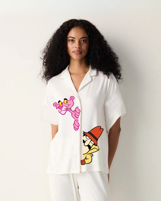 Pink Panther Women Half Sleeve White Oversized Knitted Shirt