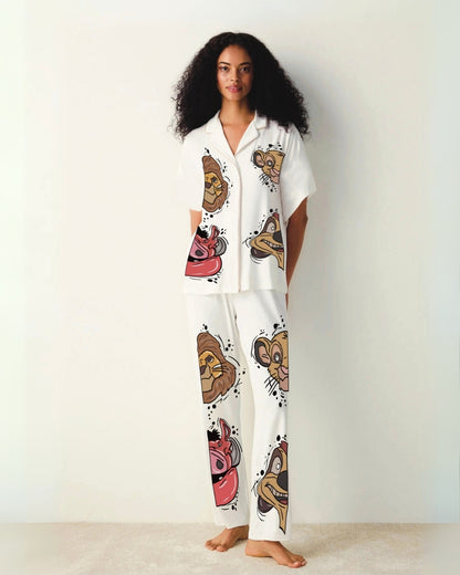 Women Animal Graphics Half Sleeve Oversized Knitted Shirt Cord Set - White and White