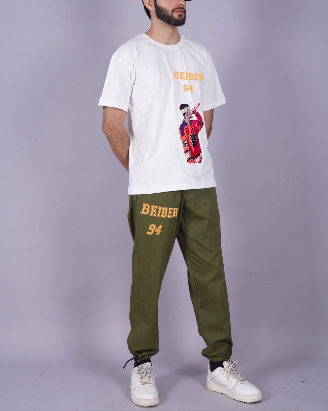 Men's Justin Bieber 94 Oversized Co-Ord Set - White and Olive