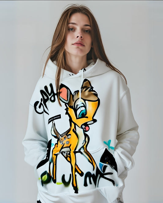 Women White Oversized Hoodie - Baby Deer