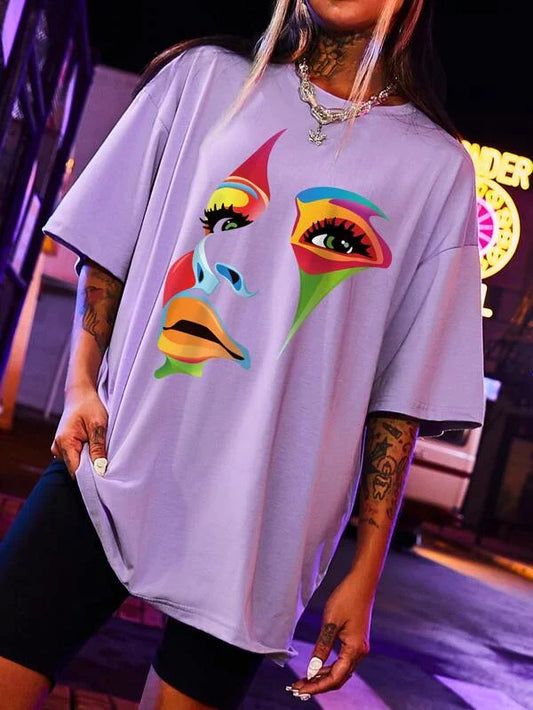 Multicoloured Face -  Lavender Oversized T-Shirt