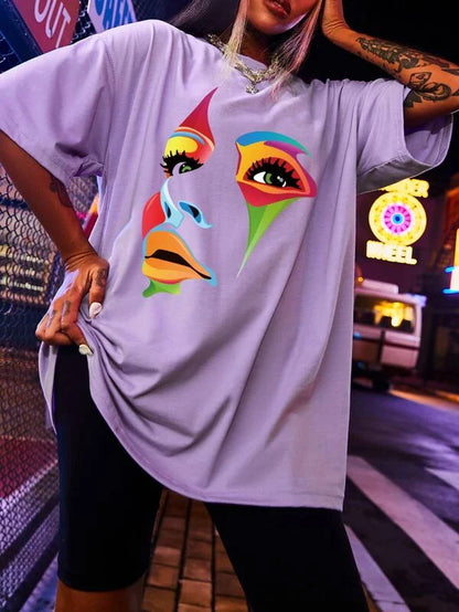 Multicoloured Face -  Lavender Oversized T-Shirt