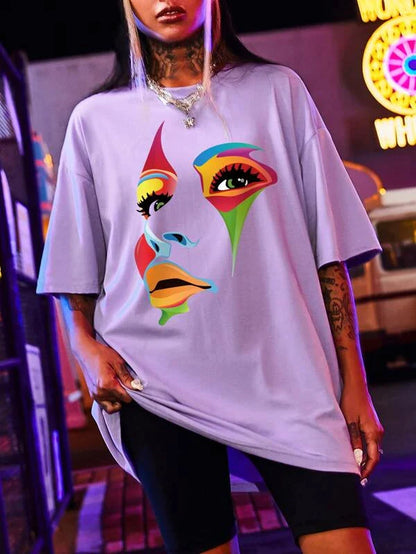 Multicoloured Face -  Lavender Oversized T-Shirt