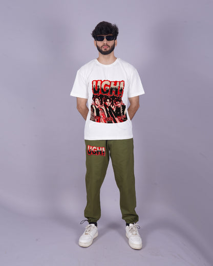 Men's BTS UGH! Oversized Co-Ord Set - White and Olive