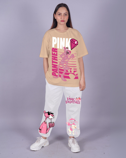 Women Pink Panther Oversized Co-Ord Set - Beige and White