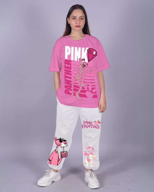 Women Pink Panther Oversized Co-Ord Set - Pink and White