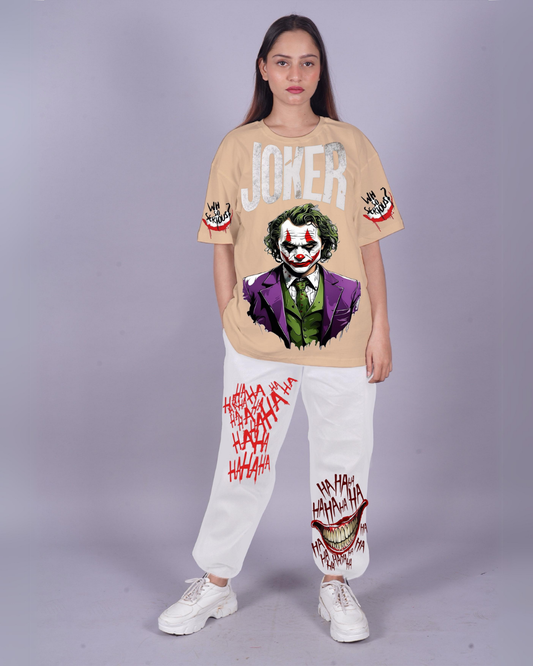 Women Joker Graphic Oversized Co-Ord Set - Beige and White