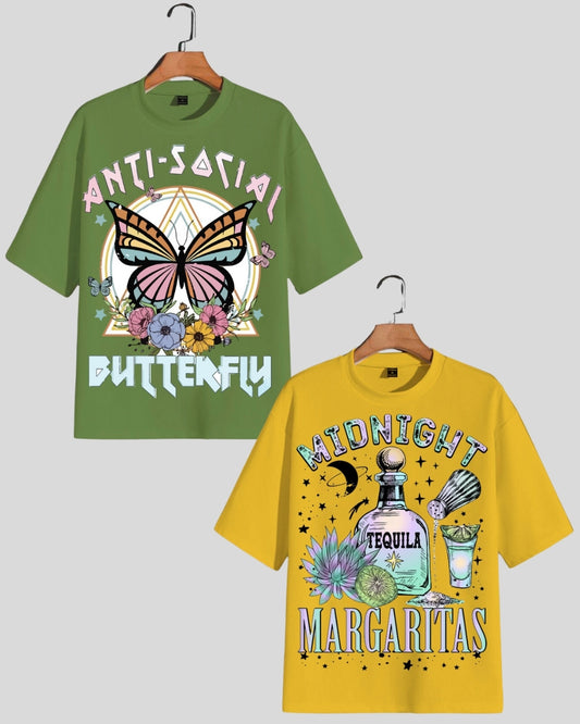 Pack of 2 Women's Oversized Tees - Butterfly & Margaritas