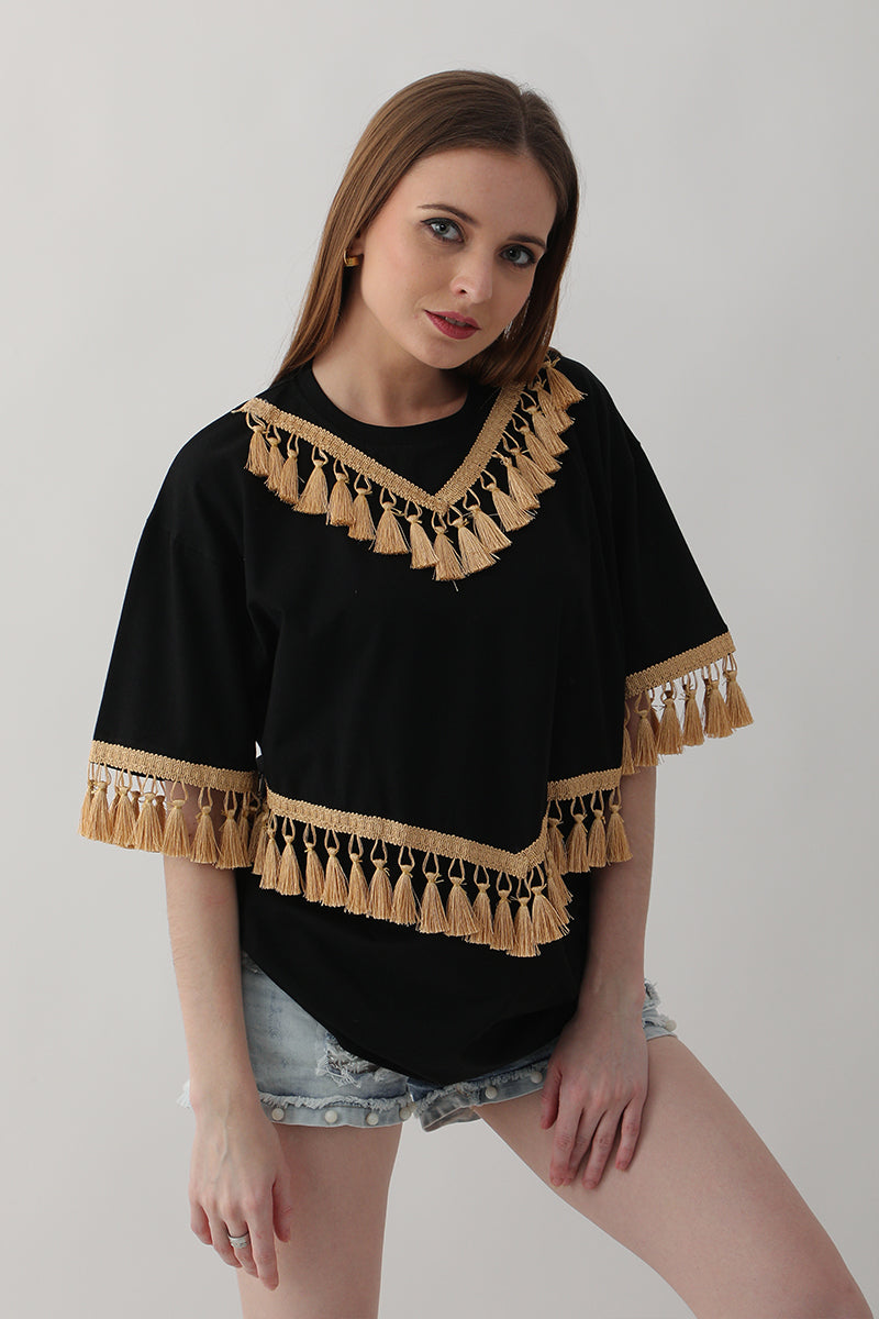 Black with Golden Tassel Oversized T-Shirt 2