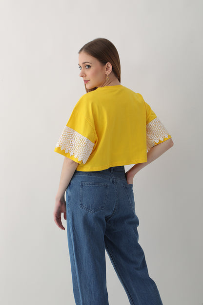 2 Women's Oversized Tops: Yellow Lace & Off-White Fringes, 100% Cotton