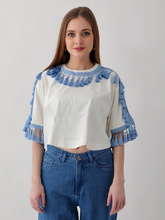 Women's Oversized Tops: Off-white with Blue Tassel Trim