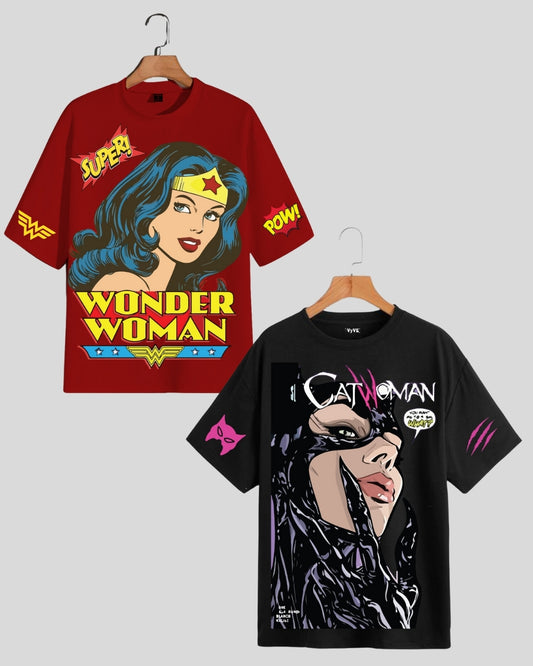 Pack of 2 Women's Oversized Tees - Wonder Woman & Cat Woman