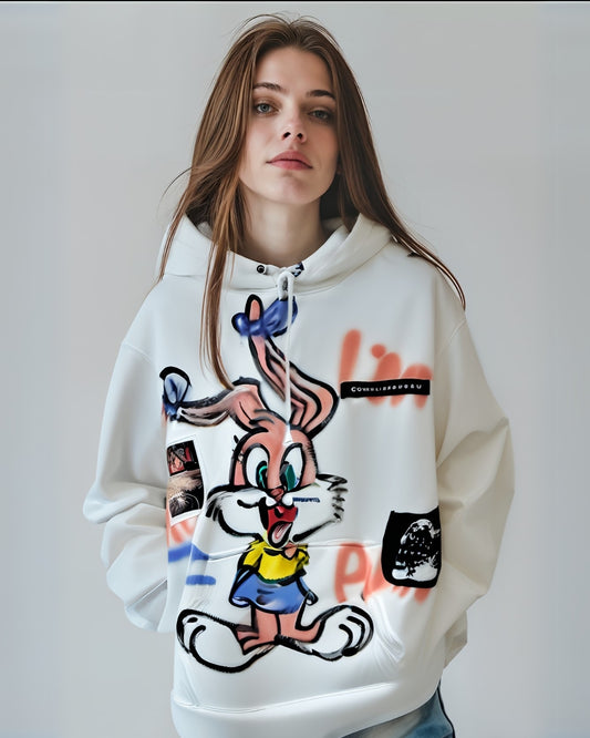 Women White Oversized Hoodie - Bunny