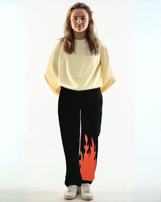 Black Cotton Pants for Women - Red Fire