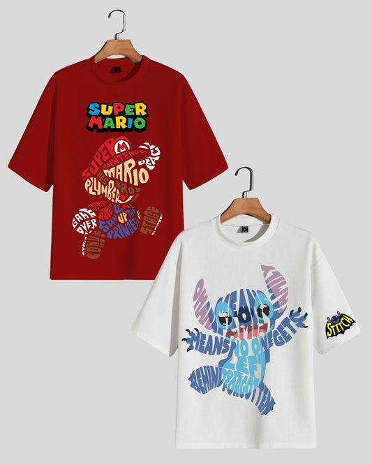 Pack of 2 Women's Oversized Tees - Super Mario & Stitch