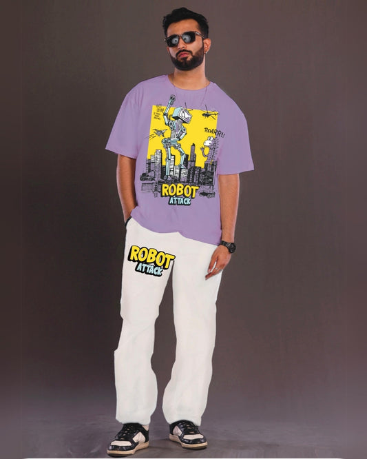 Robot Attack Men's Oversized Purple and White Coord Set