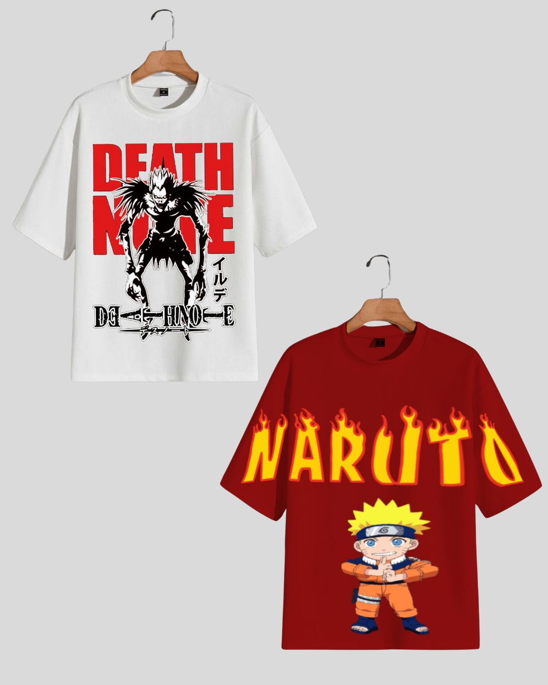 Pack of 2 Men's Oversized T-Shirt: Death Note & Naruto Fire