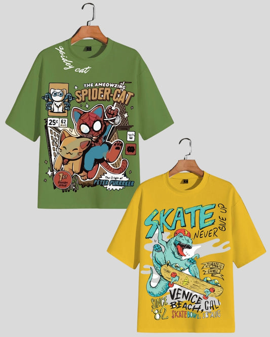 Pack of 2 Women's Oversized Tees - Spidey Cat & Skate