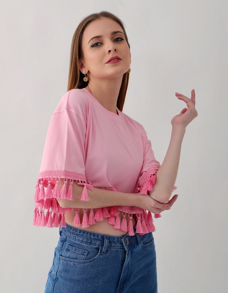 Summer Tops: 2 Cotton Candy Pink & Off-White Tassel Tees, 100% Cotton