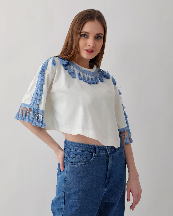 Women's Oversized Tops: Off-white with Blue Tassel Trim