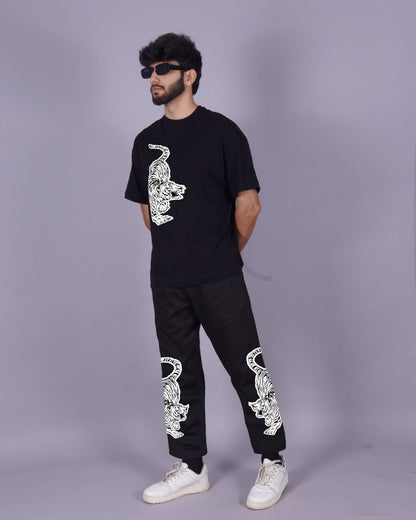 Men's Black Co Ord Oversized Set with Snow Tiger Theme