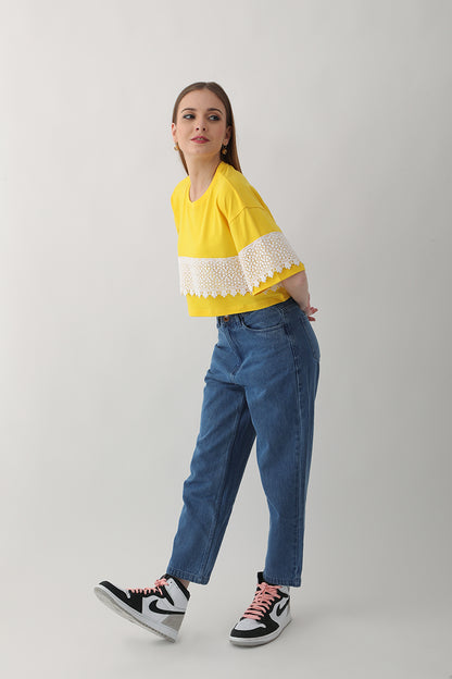Sunflower Yellow Oversized T-Shirt with Designer Lace Trim for Women