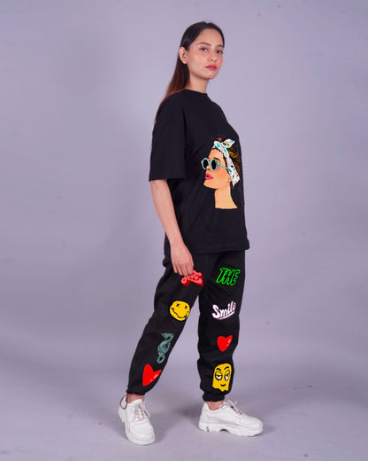 Women Goggy Love Smiley Oversized Co-Ord Set - Black and Black