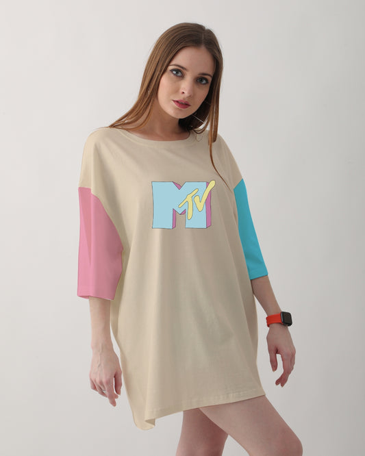 MTV Dual Colour Sleeves Butter Cream Long Oversized T-Shirt for Women