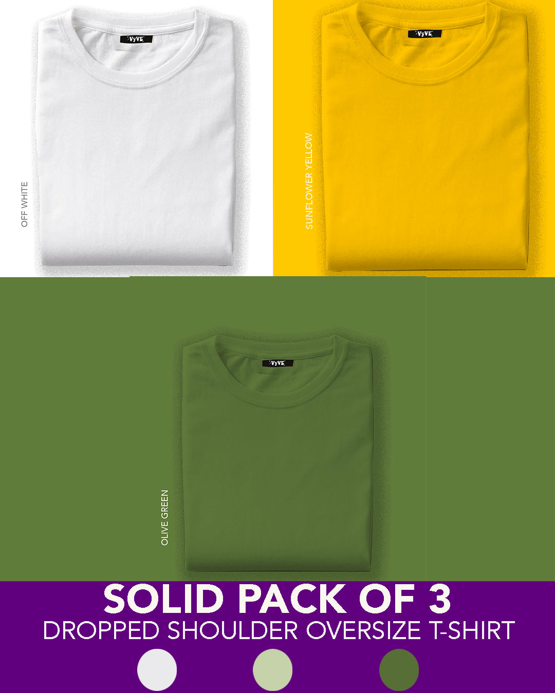 Unisex Solids Pack of 3 White Sunflower, Yellow, Olive Oversized T-Shirts