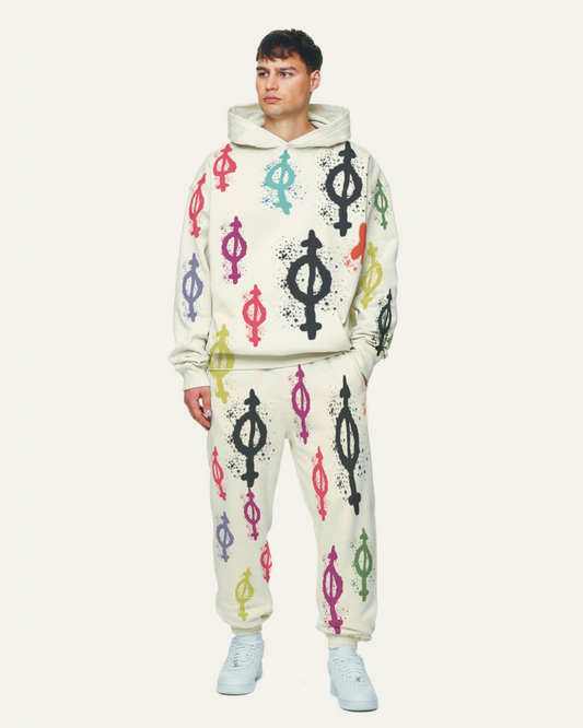 Men's Multi Graphic Hoodie Oversized Co-ord Set - White and White