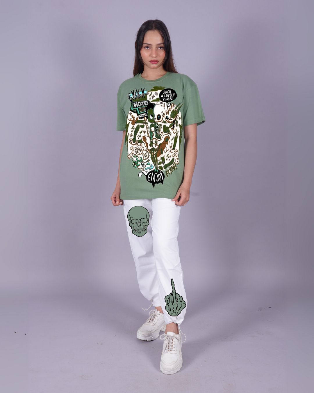 Women Cool Skull Oversized Co-Ord Set - Mint Green and White