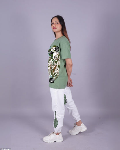 Women Cool Skull Oversized Co-Ord Set - Mint Green and White